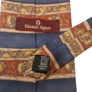 Etienne Aigner‎ Necktie Mens Blue Gold Stripe Scrolls Business Silk Tie Vintage